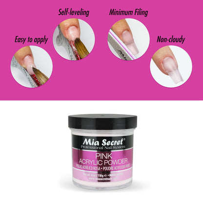 Mia Secret Pink Acrylic Powder 4 oz – Self-Leveling, Non-Yellowing & Long-Lasting