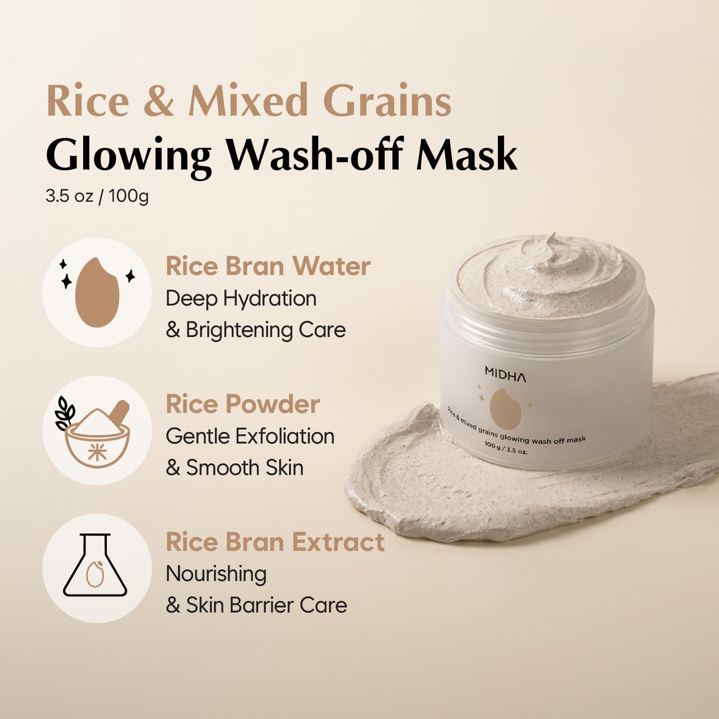 MIDHA Rice & Mixed Grains Glow Wash-off Mask – Gentle Exfoliation & Radiance (3.5oz/100g)