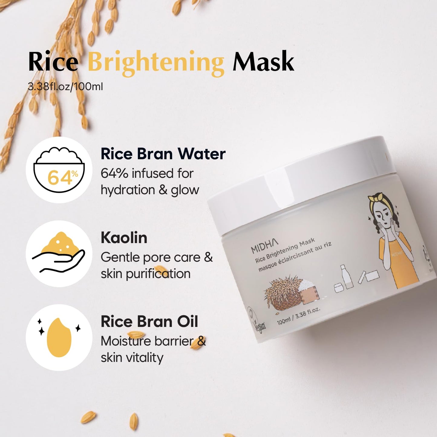 MIDHA Rice Mask – Hydrating, Smoothing Wash-off Facial Mask with 64% Rice Bran Water