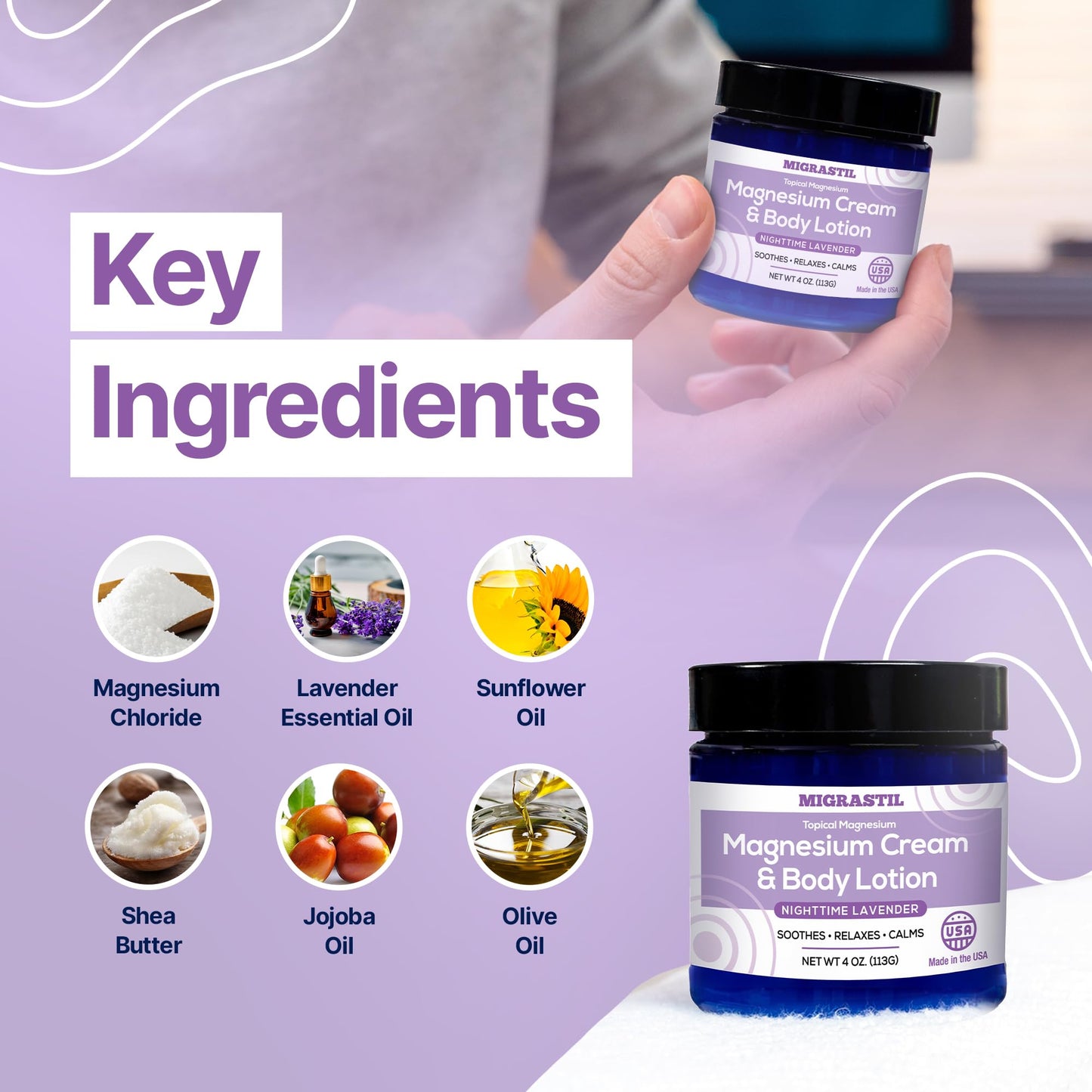 MIGRASTIL Nighttime Lavender Magnesium Cream – 250mg Magnesium for Sleep & Relaxation