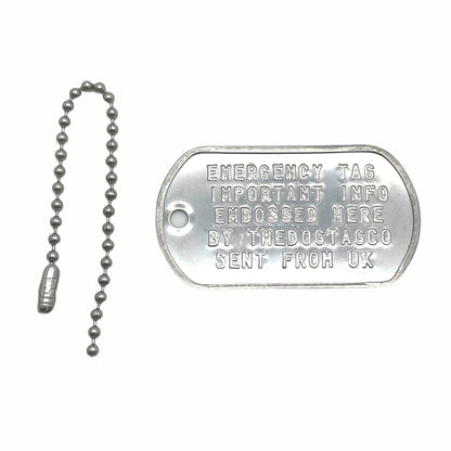 Military Dog Tag Stainless Steel Single Keychain, Emergency, Luggage Tag, Supplied supplied with 4" chain