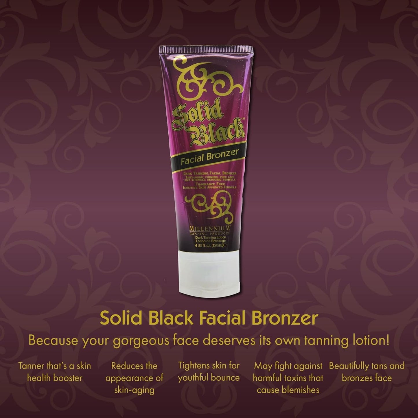 Millennium Tanning Solid Black Facial Bronzer – Skin-Firming Face Tanning Lotion | 4 oz