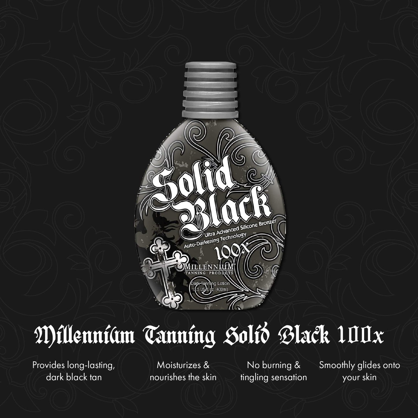 Millennium Tanning SOLID BLACK 100X Dark Tanning Lotion – Indoor/Outdoor Silicone Bronzer, 13.5 Fl oz