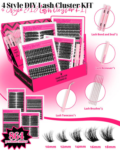 MilyBest 4 Styles Lash Clusters Kit – 864 Pcs Eyelash Extensions, D Curl DIY Lash Kit