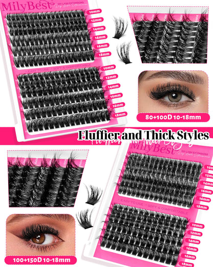 MilyBest 4 Styles Lash Clusters Kit – 864 Pcs Eyelash Extensions, D Curl DIY Lash Kit