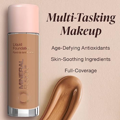 Mineral Fusion Full Coverage Liquid Foundation Deep 1 | Golden Undertones, Matte Finish, 12h Hydration, Hypoallergenic & Vegan • 1 fl oz