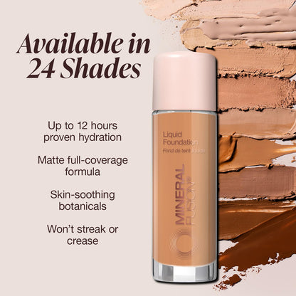 Mineral Fusion Full Coverage Liquid Foundation – Warm 4 (Med to Tan) | Lightweight Matte, Up to 12 Hr Hydration, Vegan & Hypoallergenic, 1 fl oz