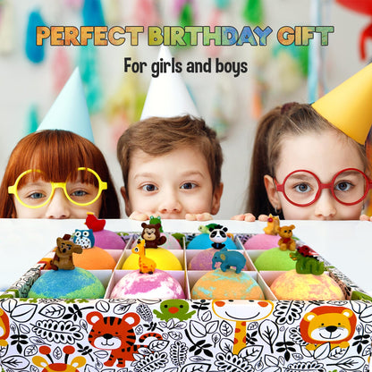 Mineral Me California Kids Bath Bombs with Surprise Inside – 12 Bubble Fizzies & Jungle Animal Toys