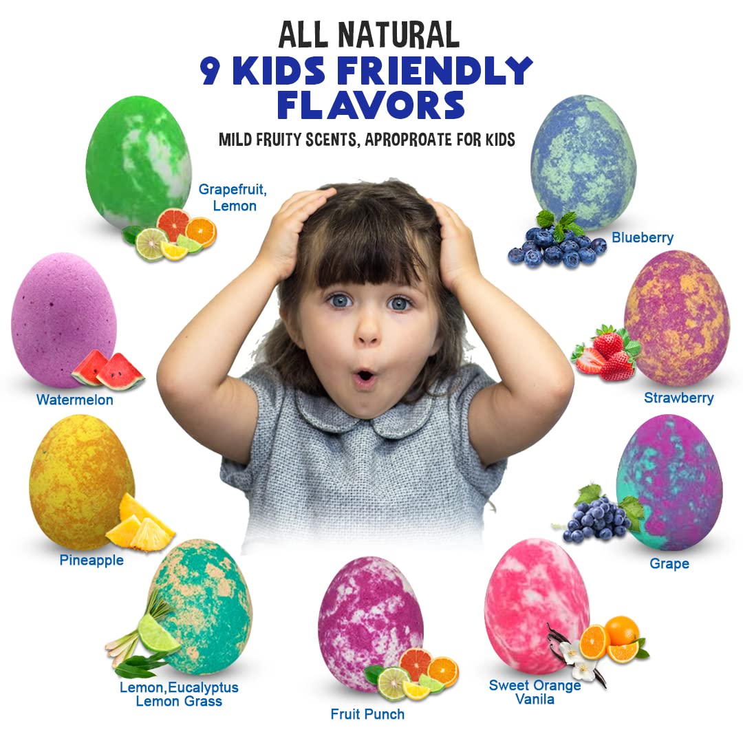 Mineral Me California Kids Bath Bombs with Dino Toy Inside – 9 Organic Dino Egg Set