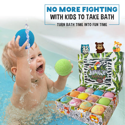 Mineral Me California Kids Bath Bombs with Surprise Inside – 12 Bubble Fizzies & Jungle Animal Toys