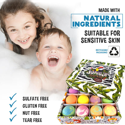 Mineral Me California Kids Bath Bombs with Surprise Inside – 12 Bubble Fizzies & Jungle Animal Toys