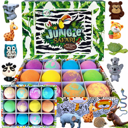 Mineral Me California Kids Bath Bombs with Surprise Inside – 12 Bubble Fizzies & Jungle Animal Toys