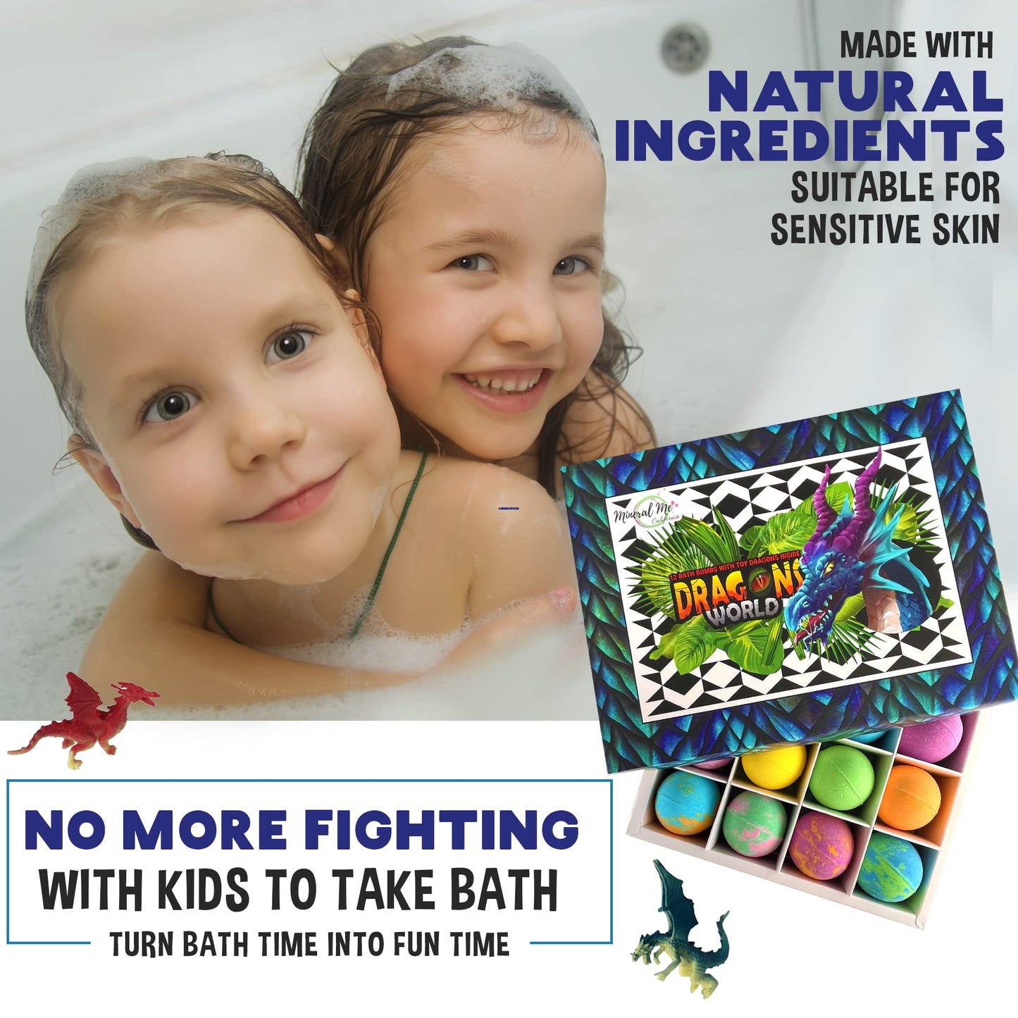 Mineral Me California Kids Bath Bombs with Dragon Egg Toys – 12 Organic Bubble Bath Fizzies