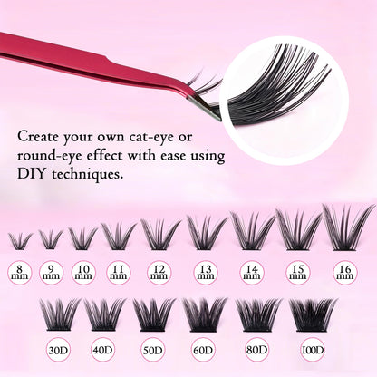 MINNNANOTOKU Lash Extension Kit DIY – 640pcs Lash Clusters, Bond & Seal, Tweezers, 10-16mm