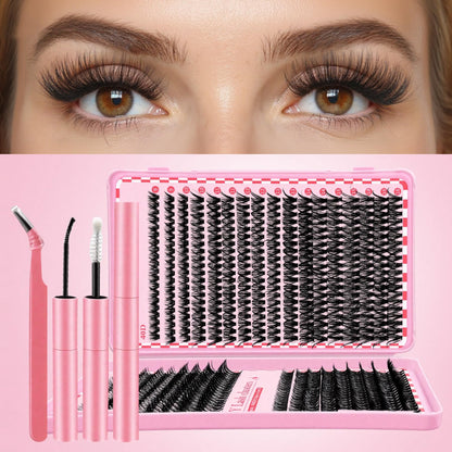 MINNNANOTOKU Lash Extension Kit DIY – 640pcs Lash Clusters, Bond & Seal, Tweezers, 10-16mm