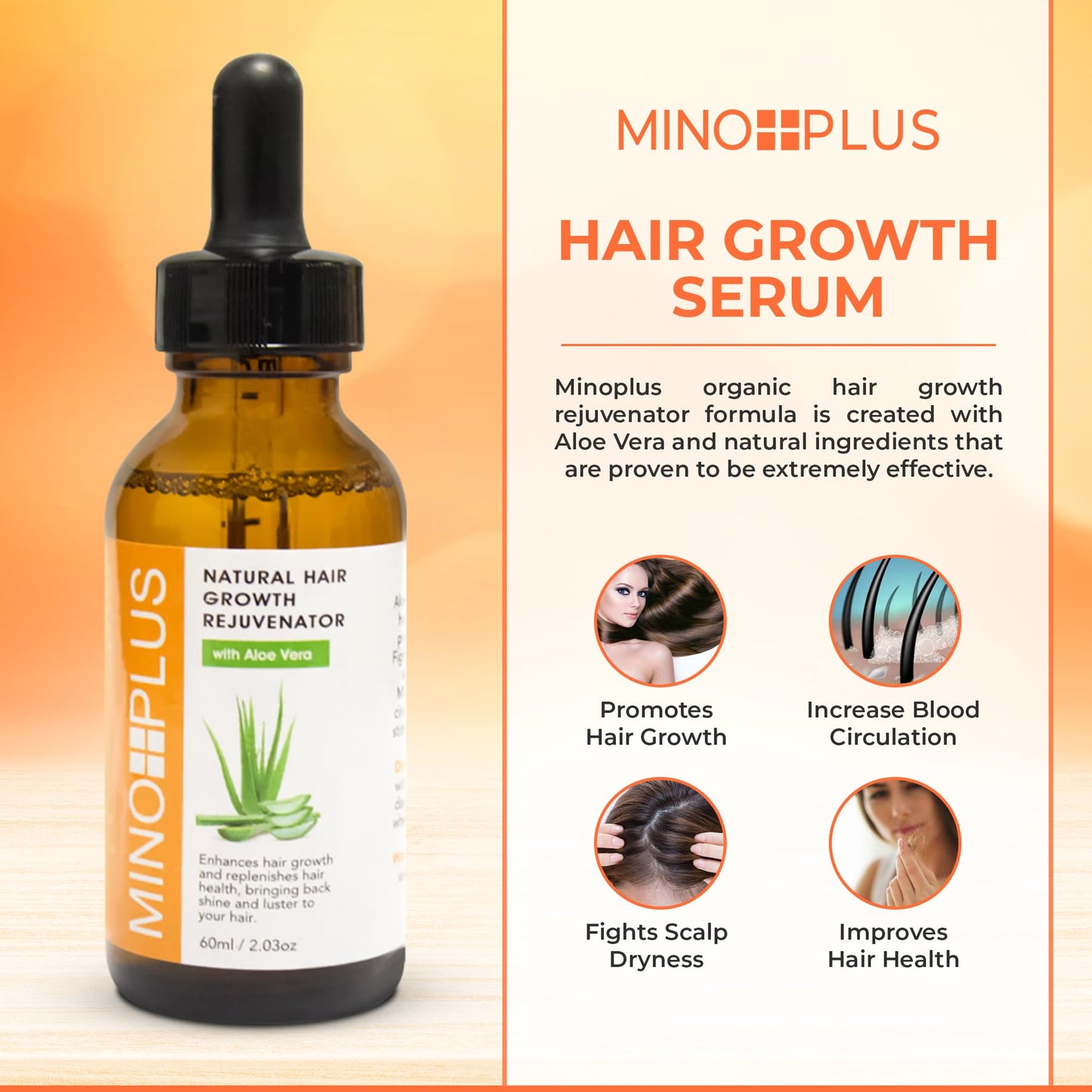 MINO PLUS Natural Hair Growth Serum – 60ml x2 | Aloe Vera, Vitamins A–E for Stronger, Fuller Hair