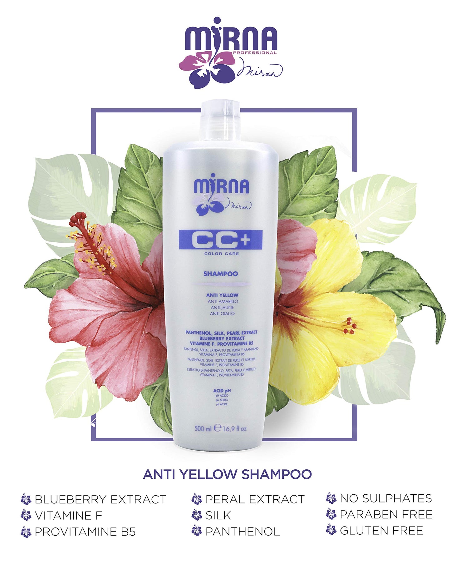 Mirna Professional Color Care NO Yellow Shampoo – Delicate pH, Blueberry & Silk