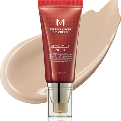 MISSHA M Perfect Cover BB Cream No.23 Natural Beige – SPF 42 PA+++ (Light/Medium, Cool/Neutral Undertone) 1.69 fl oz