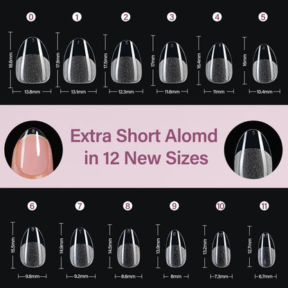 Misssix Extra Short Almond Gel Nail Tips Kit — 360Pcs, 12 Sizes, 9-in-1 Glue & Mini UV Lamp