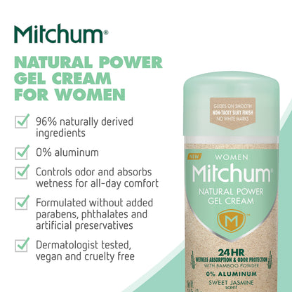 Mitchum Natural Power Gel Cream for Women, Sweet Jasmine – Aluminum-Free, 24-Hour Odor & Wetness Protection