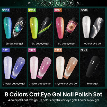 MIZHSE Cat Eye Gel Nail Polish Set - 8 Colors + Magnet Stick | 9D Cat Eye & Holographic Glitter