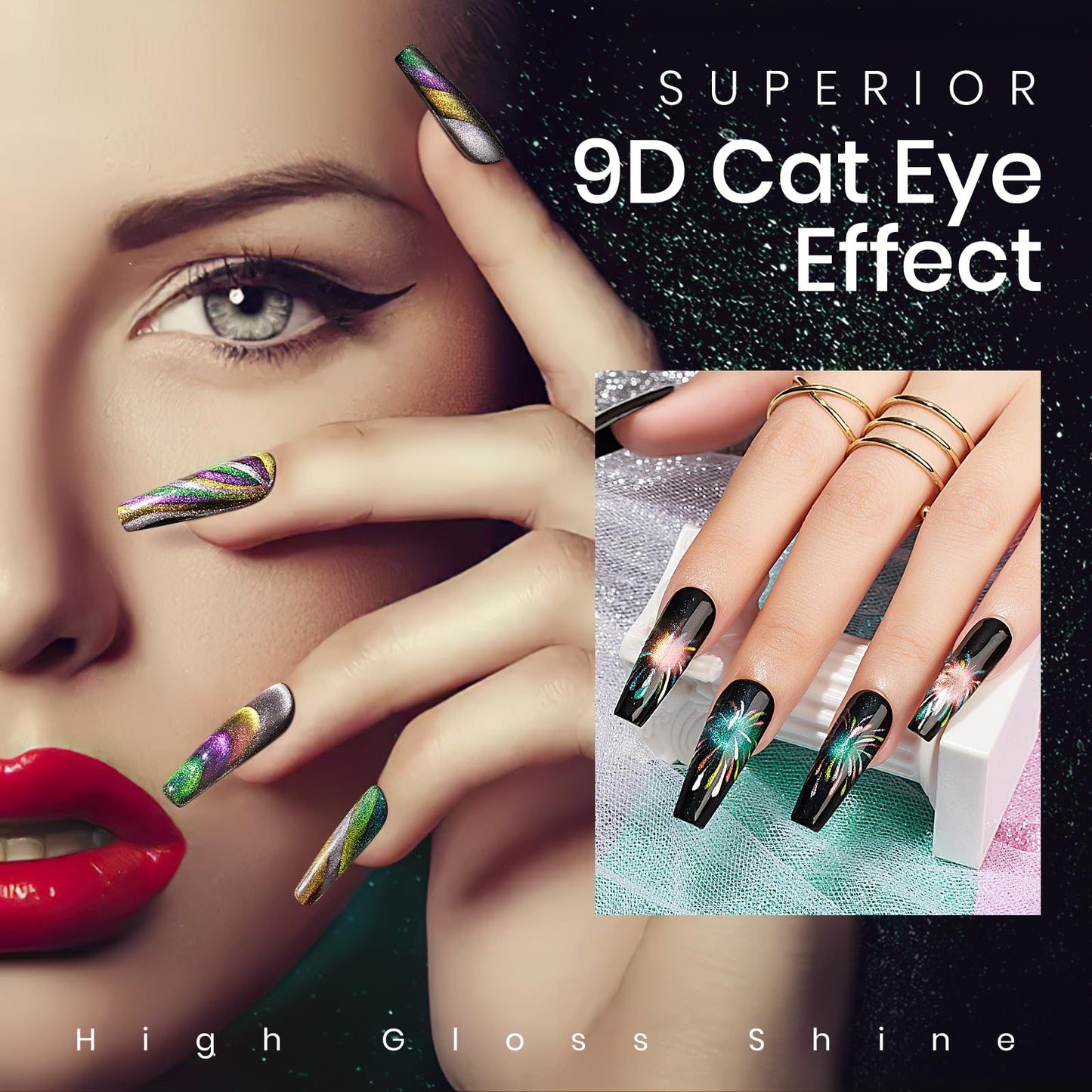 MIZHSE Cat Eye Gel Nail Polish Set - 8 Colors + Magnet Stick | 9D Cat Eye & Holographic Glitter