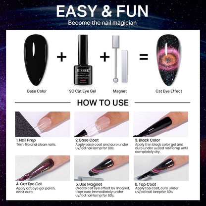 MIZHSE Cat Eye Gel Nail Polish Kit — 10 Colors + Magnetic Stick, Galaxy Holographic Effect