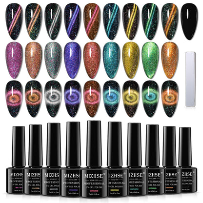 MIZHSE Cat Eye Gel Nail Polish Kit — 10 Colors + Magnetic Stick, Galaxy Holographic Effect