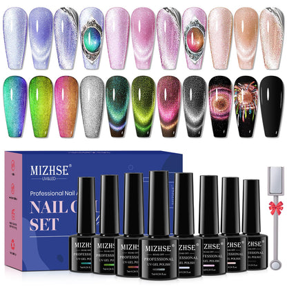 MIZHSE Cat Eye Gel Nail Polish Set - 8 Colors + Magnet Stick | 9D Cat Eye & Holographic Glitter