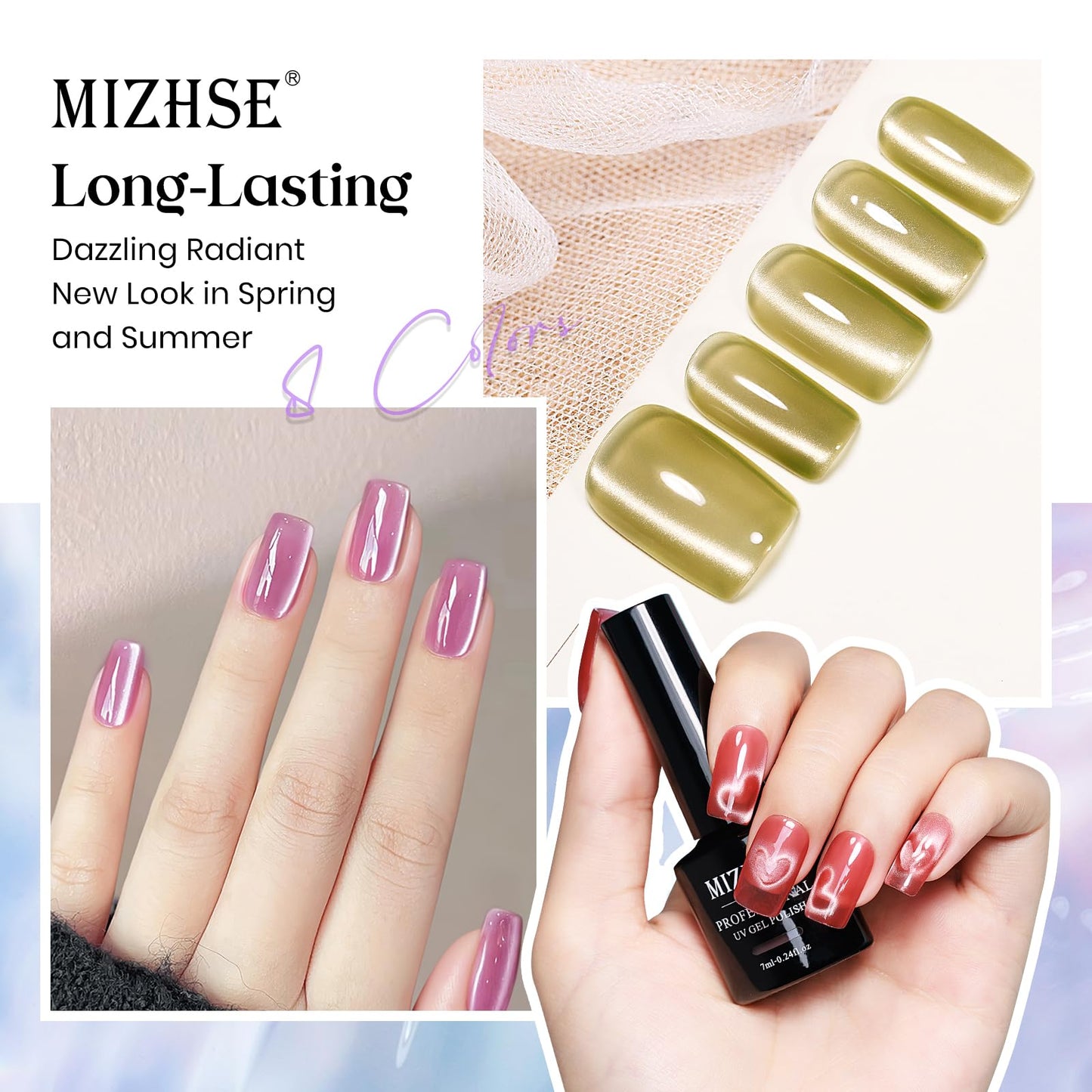 MIZHSE Cat Eye Gel Nail Polish Kit — 8 Magnetic Colors + Magnet Stick | Crystal Glass Finish