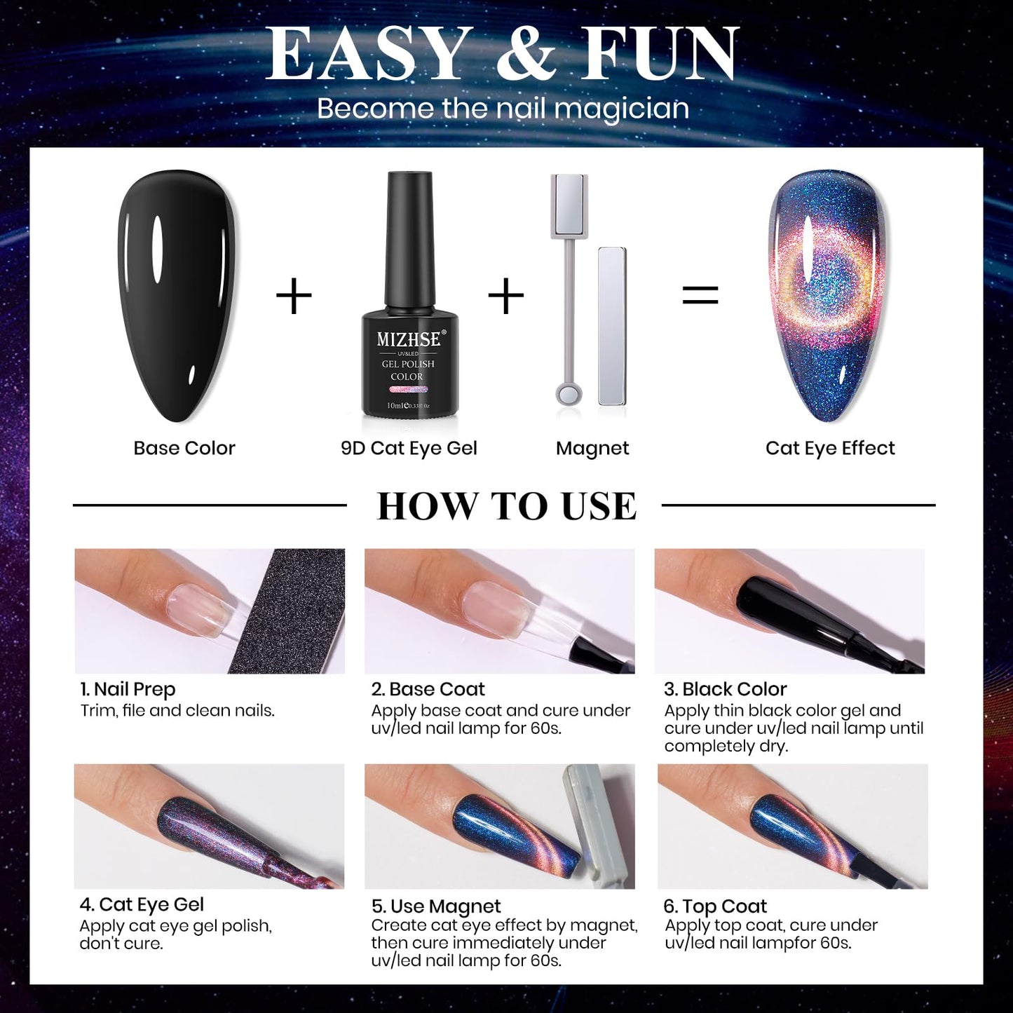 MIZHSE 9D Cat Eye Gel Nail Polish Kit — 6 Colors + 2 Magnetic Sticks (10 ml) | Soak-Off Gel Polish