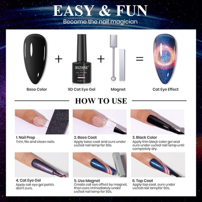 MIZHSE 9D Cat Eye Gel Nail Polish Kit — 6 Colors + 2 Magnetic Sticks (10 ml) | Soak-Off Gel Polish