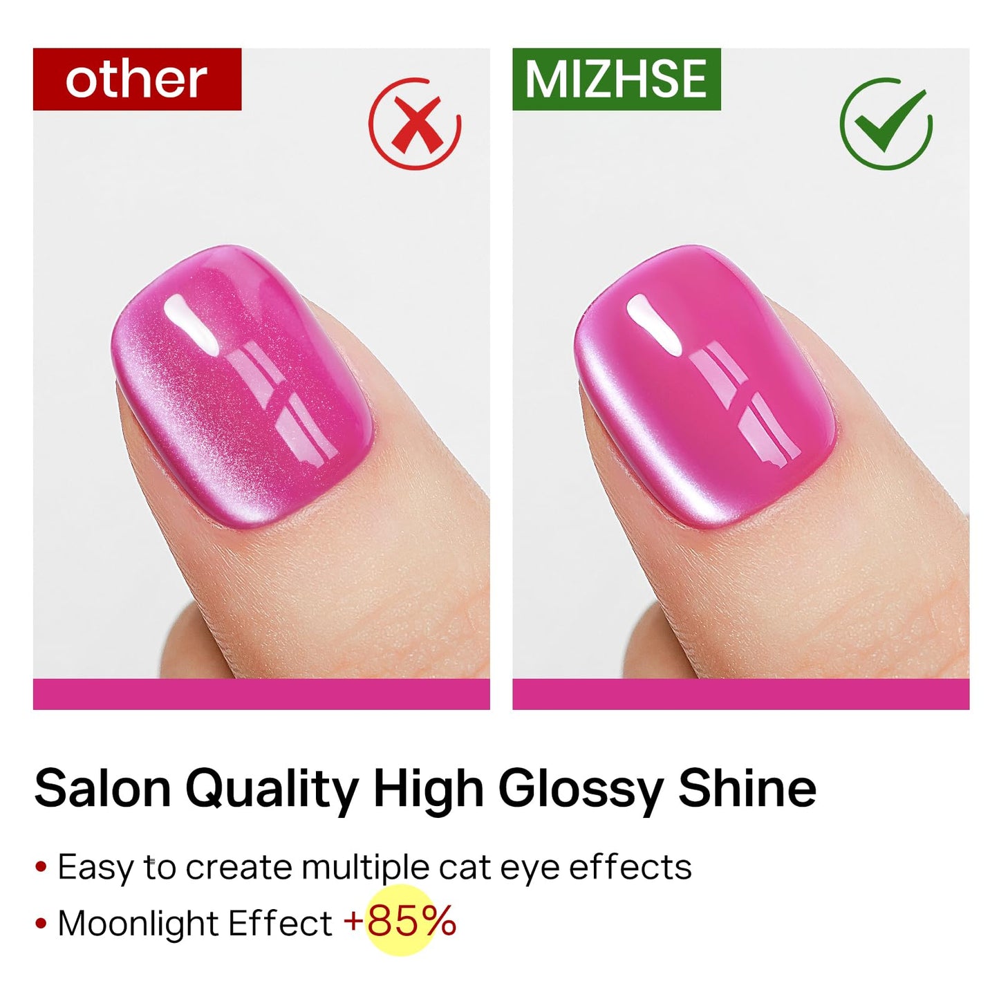 MIZHSE Cat Eye Gel Nail Polish Set – Pink Magnetic Gel Polish with Magnet Stick, Neon Hot Pink Gloss