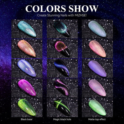 MIZHSE 60ml 9D Cat Eye Gel Nail Polish Kit – Magnetic Galaxy Effect with Black Base Coat & 2 Magnet Sticks