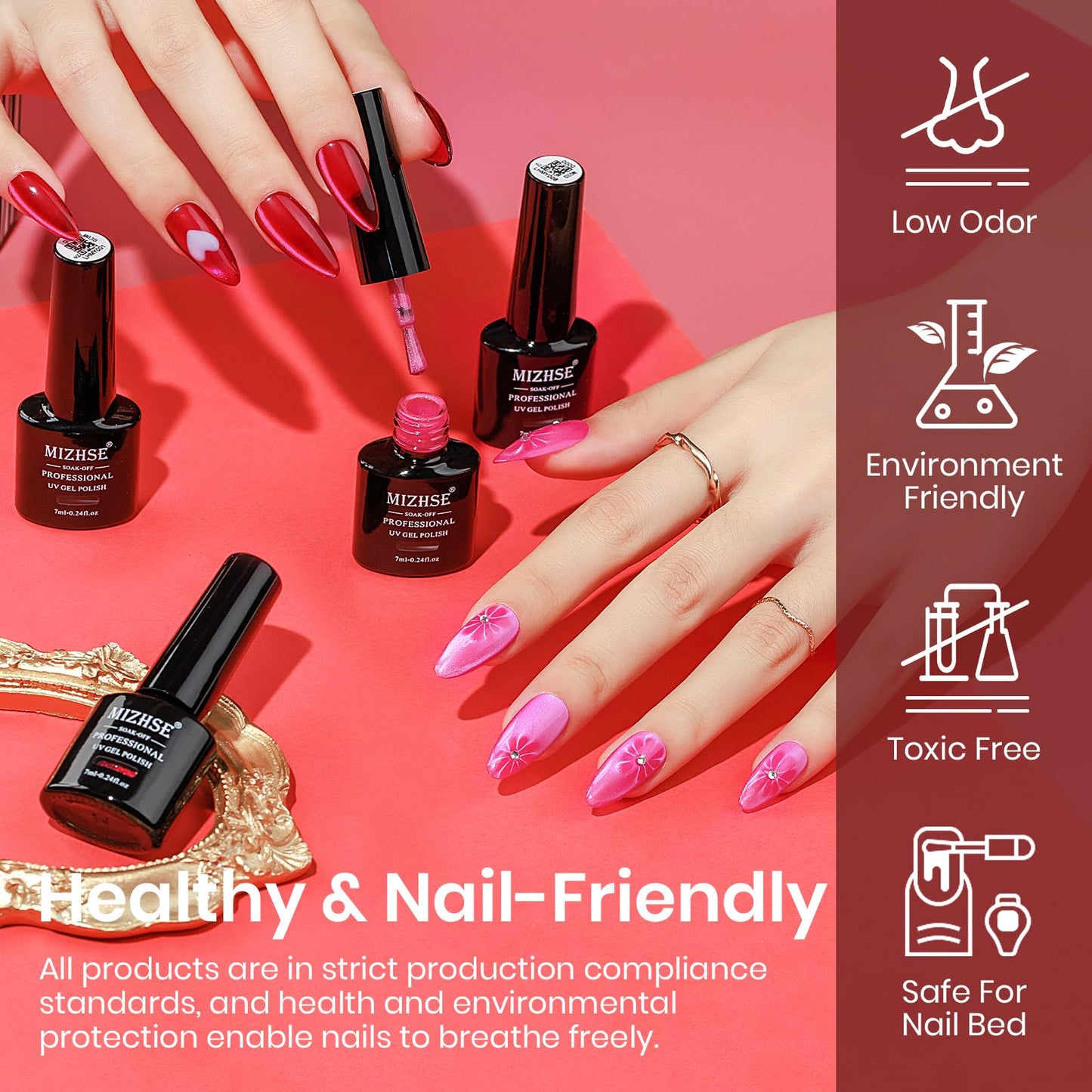 MIZHSE Cat Eye Gel Nail Polish Set – Pink Magnetic Gel Polish with Magnet Stick, Neon Hot Pink Gloss