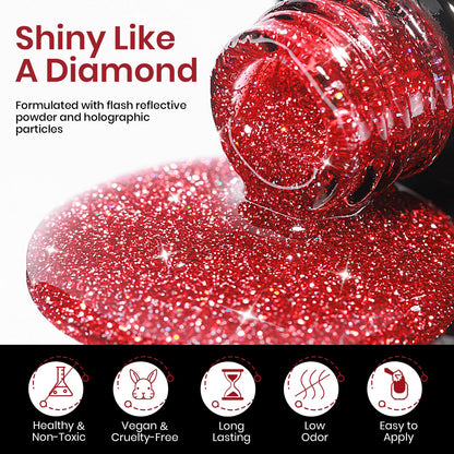 MIZHSE Reflective Glitter Gel Polish – 8-Color Red & Silver Holographic Gel Nail Polish for LED/UV