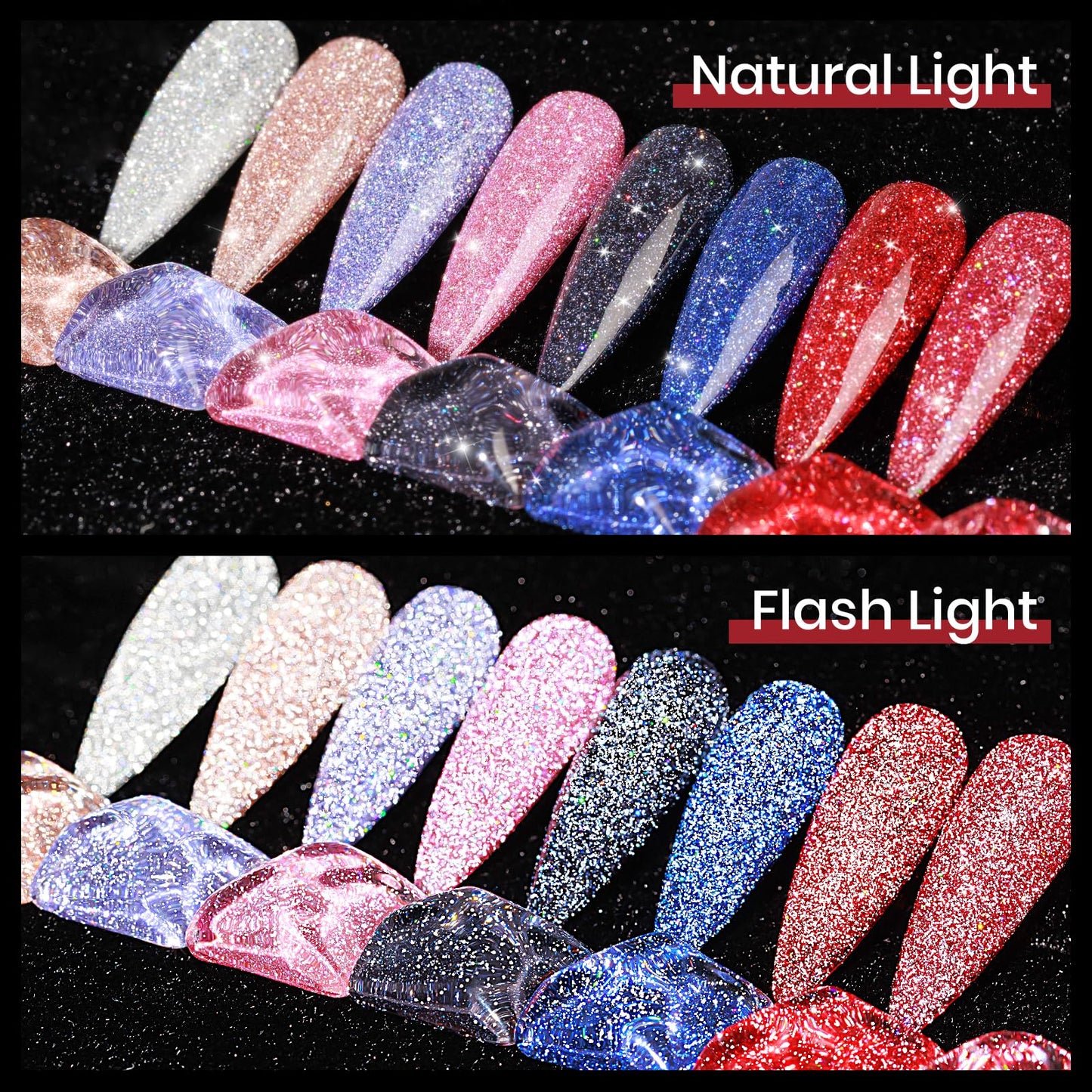 MIZHSE Reflective Glitter Gel Polish – 8-Color Red & Silver Holographic Gel Nail Polish for LED/UV