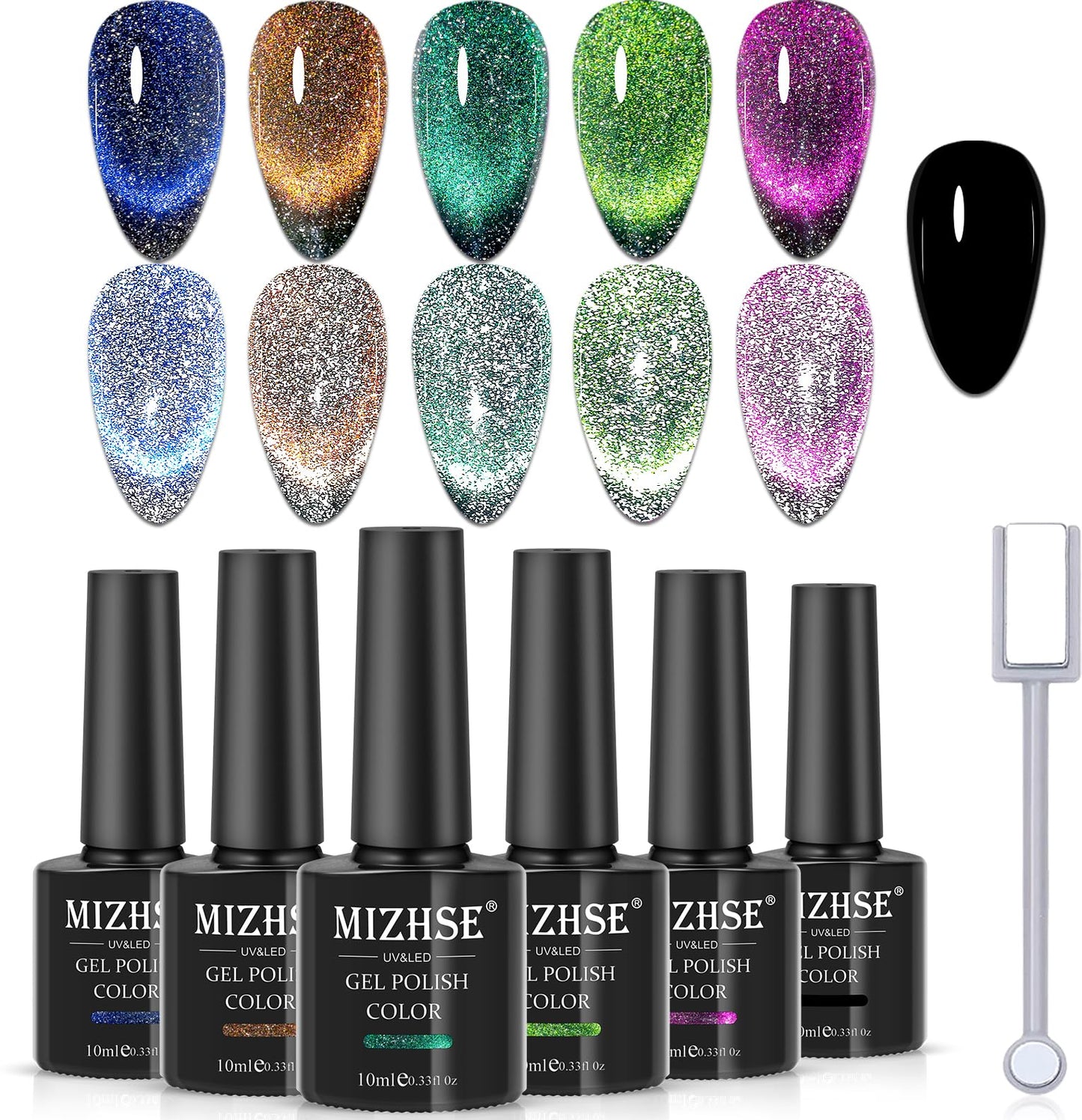 MIZHSE Reflective Glitter 9D Cat Eye Gel Nail Polish Set with Magnet – Galaxy Shimmer