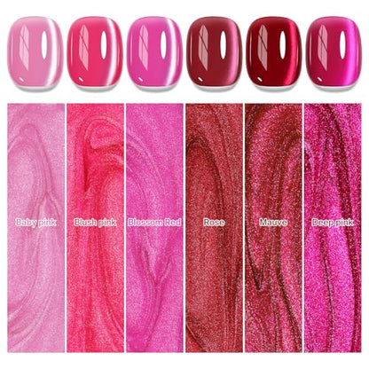 MIZHSE Cat Eye Gel Nail Polish Set – Pink Magnetic Gel Polish with Magnet Stick, Neon Hot Pink Gloss
