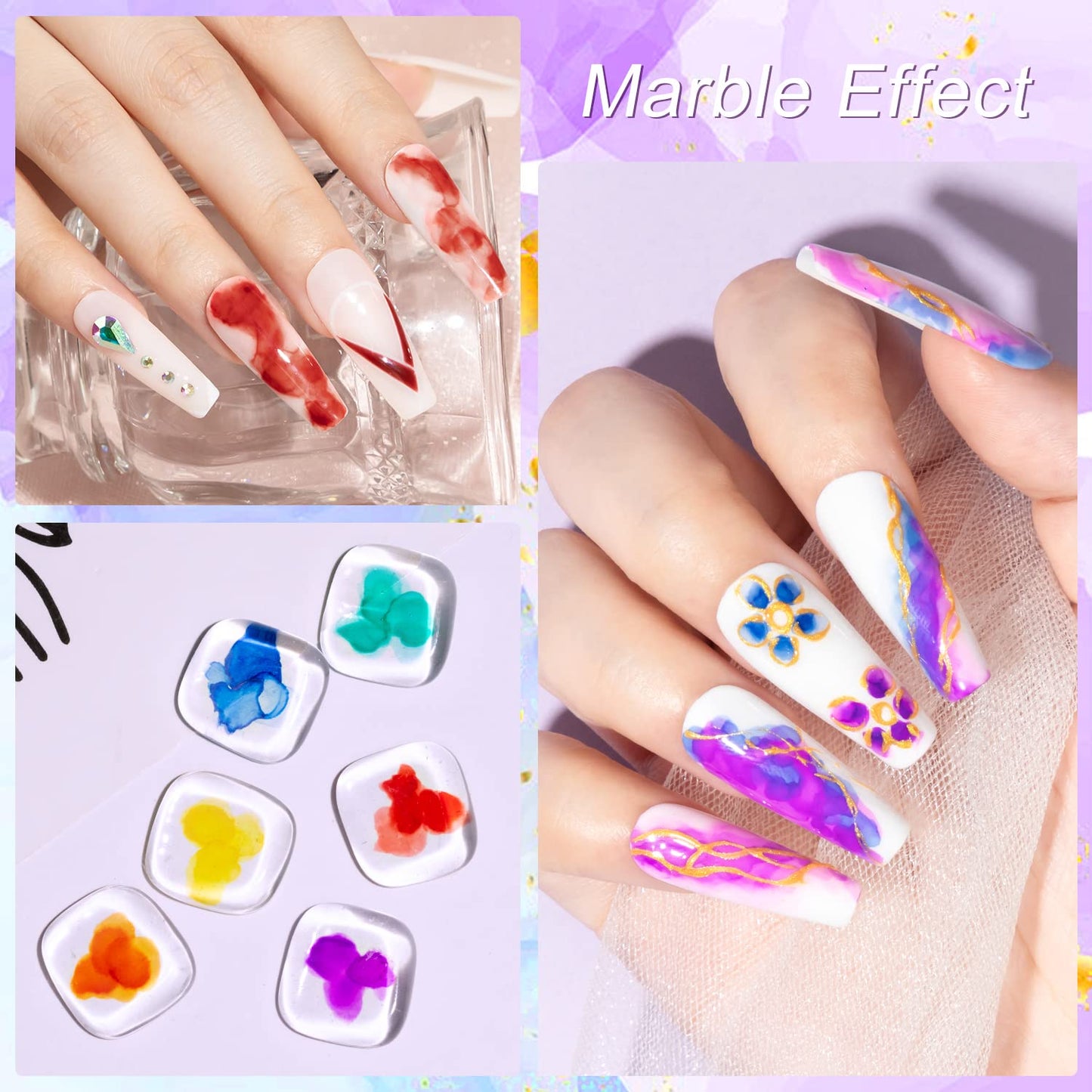 MIZHSE 12PCS Marble Nail Polish Kit | Blooming Gel Marble Ink (Gold Blue Purple)