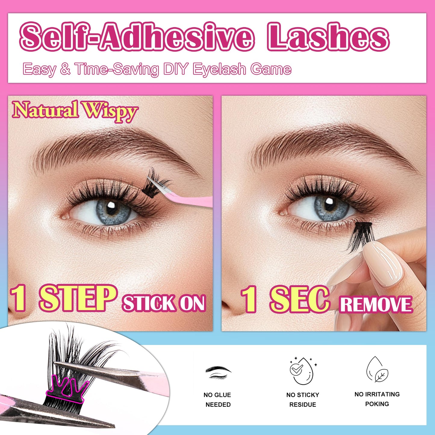 MJJOMAY JoMay Self-Adhesive Eyelashes – Glueless, Pre-Glued Kit, 48pcs, 10–16mm, D Curl for Beginners