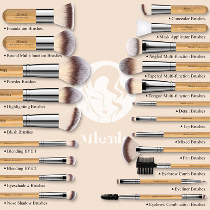 Mlemle 26-Piece Makeup Brushes Set – Bamboo Handles, Sponges & Puff (A03)