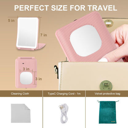 Mocado Travel Makeup Mirror with Light – 10x Magnification, 3 Color Modes, 2000mAh Battery (Pink)