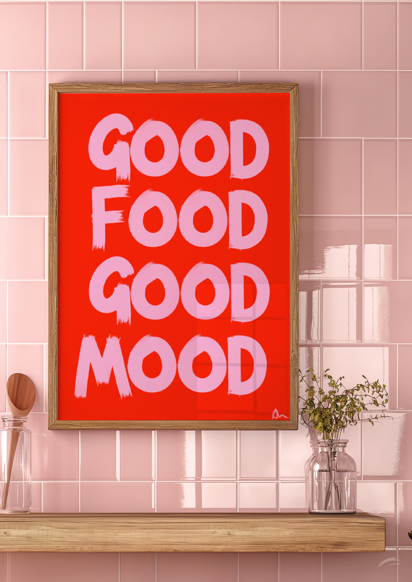 Good Food Good Mood | Pink and Red Food and Drink Kitsch Kitchen Print