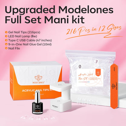 Modelones Short Square Gel Nail Tips Kit | 9-in-1 Nail Glue Gel, 216 Tips, Portable UV/LED Lamp