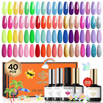 Modelones 40 Pcs Gel Nail Polish Set – 36 Neon Colors + 4 Coats (Base/Top), Soak-Off Gel Manicure