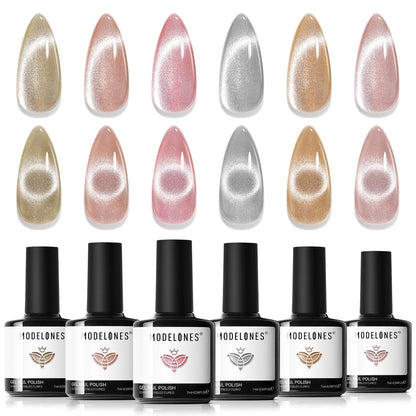 Modelones Cat Eye Gel Nail Polish Set — Holographic Glitter, 6 Colors + Magnet