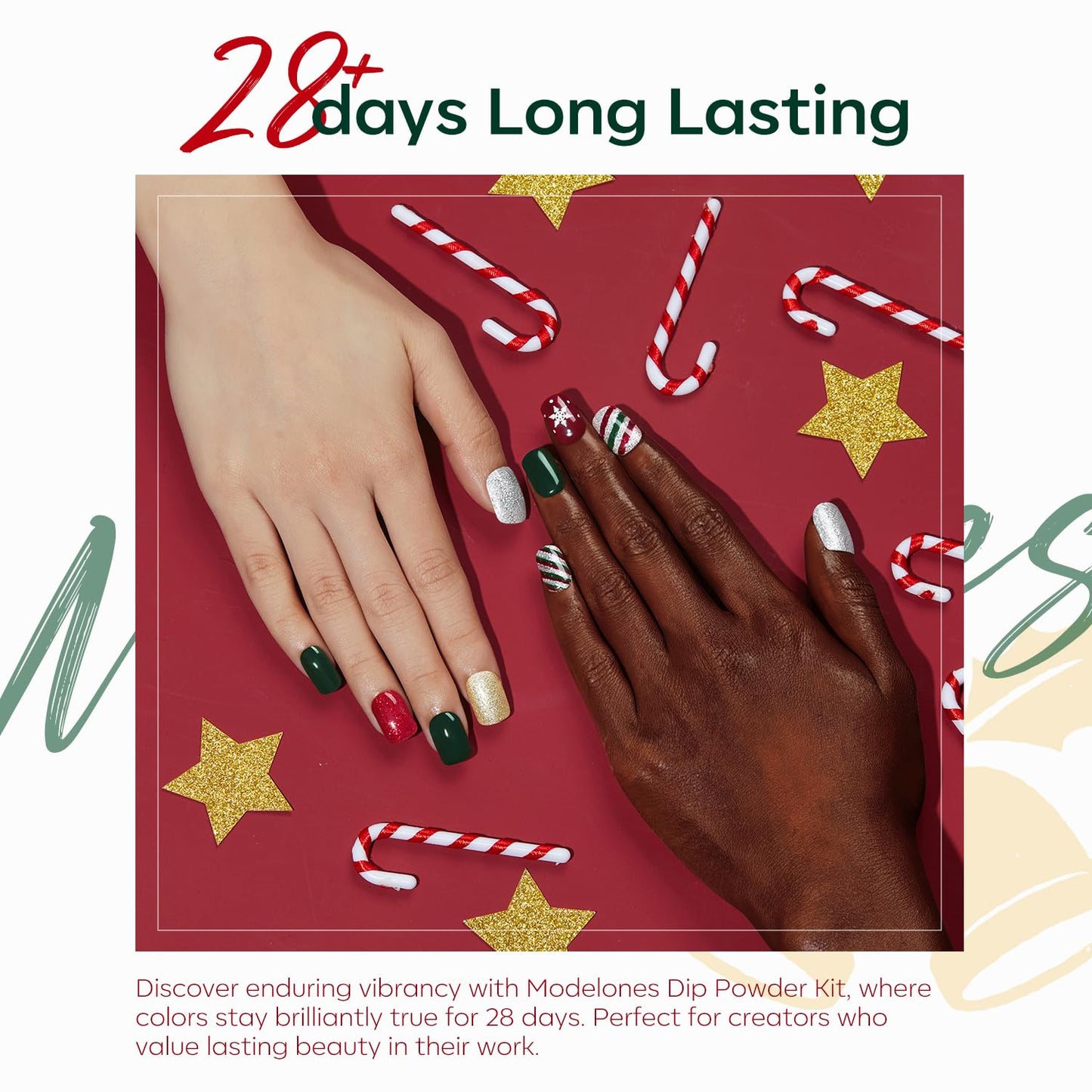 Modelones Christmas Dip Powder Nail Kit – 4 Color Red Green Gold Glitter Starter Set for DIY Home Manicure