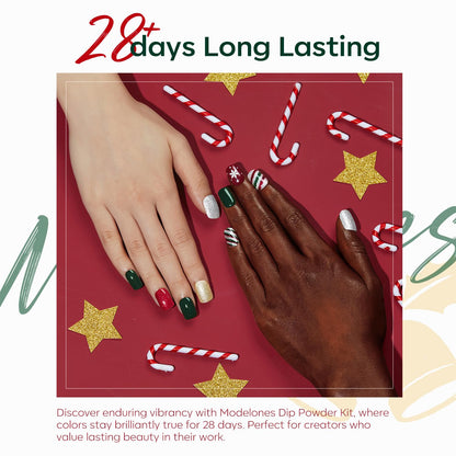 Modelones Christmas Dip Powder Nail Kit – 4 Color Red Green Gold Glitter Starter Set for DIY Home Manicure