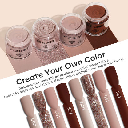 Modelones Dip Powder Nail Kit – 4 Colors Beige, Brown & Glitter with Liquid & Complete Accessories